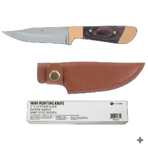 6.25"/3" Fixed Blade Mini Hunting Knife with Brown/Gold Plastic Handle and Snap Close Sheath, Sold in Units of 4