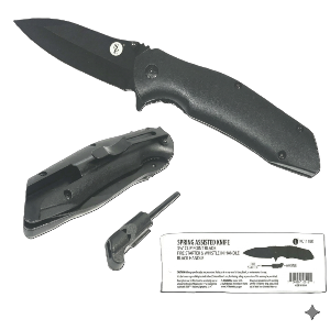4.75/ 8.25" Spring-Assisted Black Clip Point Black Blade with Fire Starter, Whistle & Clip ,Sold in Units of 4