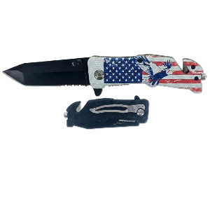 8"/ 3.50" Blade Spring-Assisted Pocket Knife with Eagle & USA Flag Design Handle, Seatbelt Cutter, Window Breaker & Pocket Clip ,Sold in Units of 4