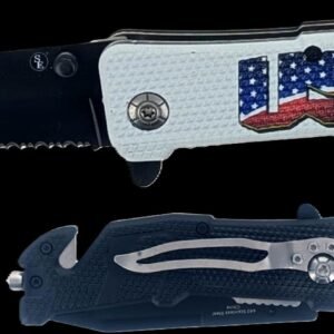 8"/ 3.50" Blade Spring-Assisted Pocket Knife with White USA Flag Design Handle, Seatbelt Cutter, Window Breaker & Pocket Clip, Sold in Units of 12 - Image 1