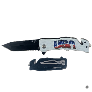 8"/ 3.50" Blade Spring-Assisted Pocket Knife with White USA Flag Design Handle, Seatbelt Cutter, Window Breaker & Pocket Clip, Sold in Units of 4