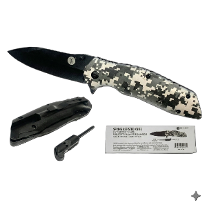 4.75/ 8.25" Spring-Assisted Green Camo Design Clip Point Black Blade with Fire Starter, Whistle & Clip, Sold in Units of 4