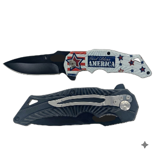 8"/ 3.25" Blade Spring-Assisted Pocket Knife with God Bless America with Stars Design Handle with Pocket Clip, Sold in Units of 4