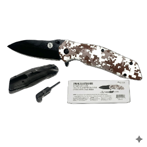 4.75/ 8.25" Spring-Assisted Desert Camo Design Clip Point Black Blade with Fire Starter, Whistle & Clip, Sold in Units of 4