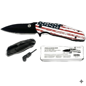 4.75/ 8.25" Spring-Assisted Black Clip Point USA Flag Design Black Blade with Fire Starter, Whistle & Clip, Sold in Units of 4