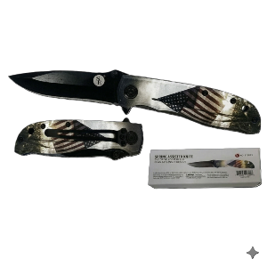 4"/ 7.25" Spring Assisted US Flag Sunset Design Drop Point Pocket Knife with Clip, Sold in Units of 4