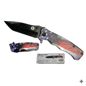 4-1/2"/8" Spring Assisted Tanto Blade Pocket Knife with US Flag Design on Handle with Pocket Clip, Sold in Units of 4