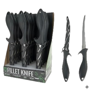" Fillet Knife with Hard Sheath with Knife Lock and Finger Guard, 12 per Display