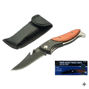 4.3/8” Wood Insert Pocket Knife with Gut Hook Blade, Nylon Pouch Included, Sold in Units of 4