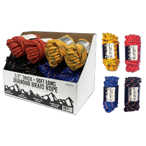 50' x 1/2" Thick Diamond Braid Polypropylene Rope - 800 lbs. Breaking Strength / 260 lbs. Working Load, ,12 per Display