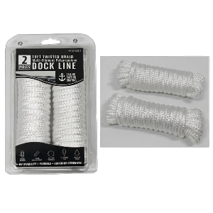 2-Piece 15'x3/8" White Double Braided Dock Line Rope Set, 1900 Lb Breaking Point, Sold in Units of 6