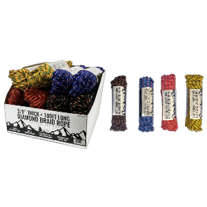 100' x 3/8" Thick Diamond Braid Polyester/Polypropylene Blend Rope, 600 Lb Breaking & 200 Lb Working Load, 12 per Display