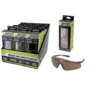 ANSI Z87.1 High Velocity Bronze Lens Safety Glasses, Scratch Resistant-UV Coating-Anti Fog Lens, 12 per Display